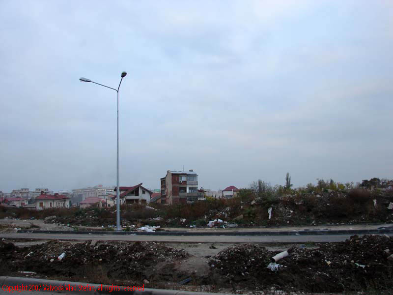 Vaivoda Vlad Stefan fotograf in Romania perspectiva de pe Bulevardul Tudor Vladimirescu spre Palatul Parlamentului Casa Poporului 2007 Bucuresti teren viran boscheti buruieni