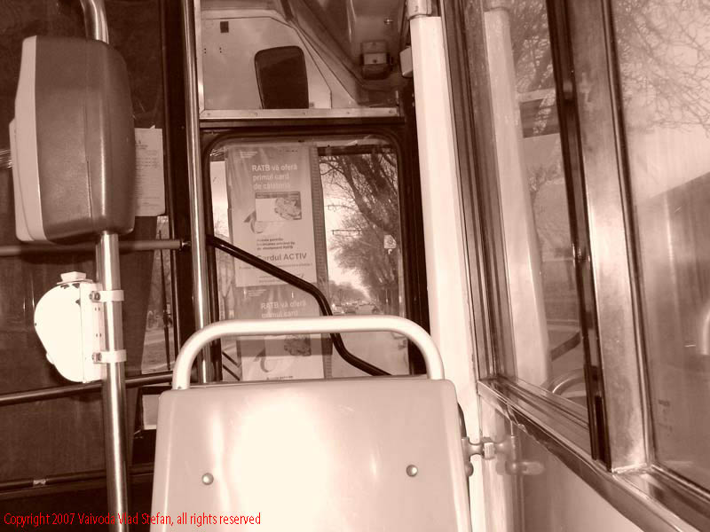 Vaivoda Vlad Stefan fotograf in Romania RATB interior taxare autobuz 304 Laromet Bucurestii Noi 2007 sepia