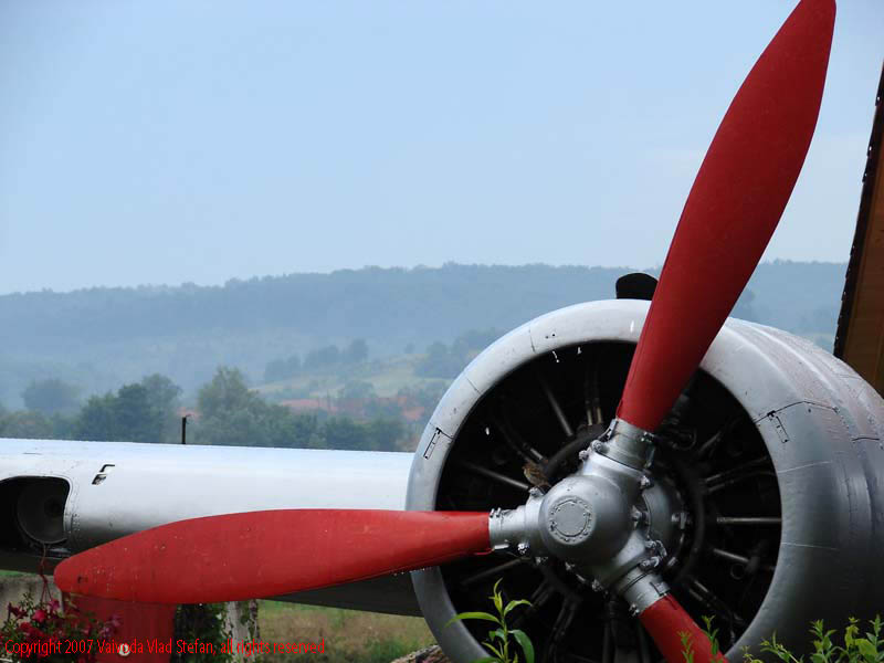 Vaivoda Vlad fotograf in Romania drum european national sosea sosele excursie calatorie calator voiaj masina automobil condus sofat soferie circula circulatie daewoo matiz trafic bar bautura local Avion Lisunov Li 2 faget judet timis E673 DN68A 2007 prim plan motor elice pasare vrabie