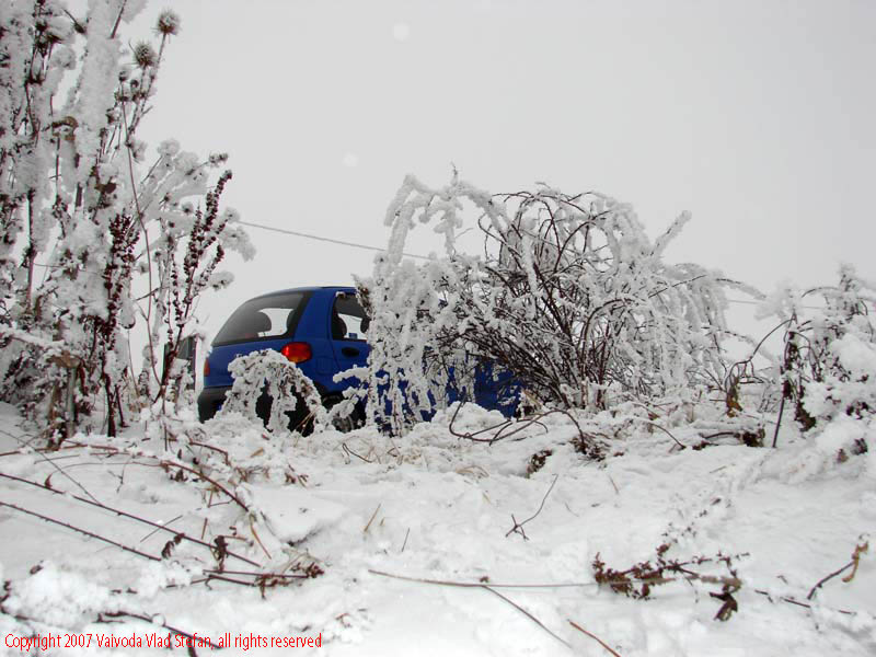 Vaivoda Vlad fotograf in Romania drum european national sosea sosele excursie calatorie calator voiaj masina automobil condus sofat soferie circula circulatie daewoo matiz boschet tufa inzapezit zapada Iarna la drum DN1 E81 2007